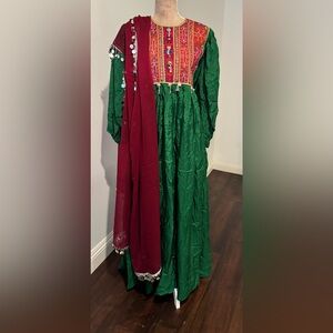 Elegant Green and Red  Afghan Traditional Dress